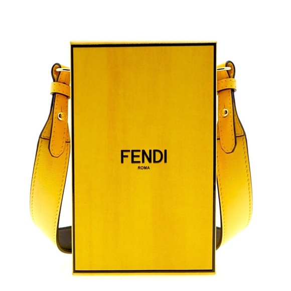 Fendi Shoulder Bag Vertical Box Yellow Logo Leather New - Picture 3 of 5